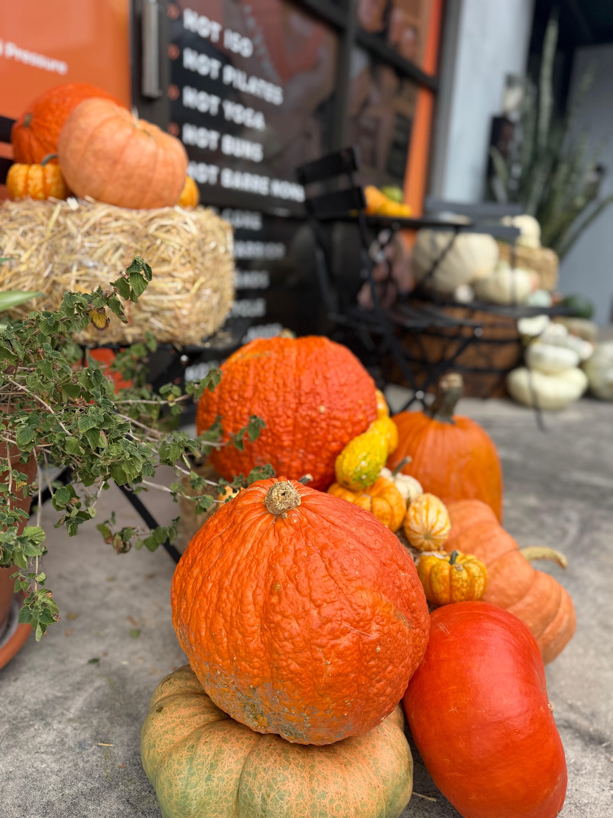 Side-angle detail of a fall storefront install with layered pumpkins, hay bales, and cornstalks