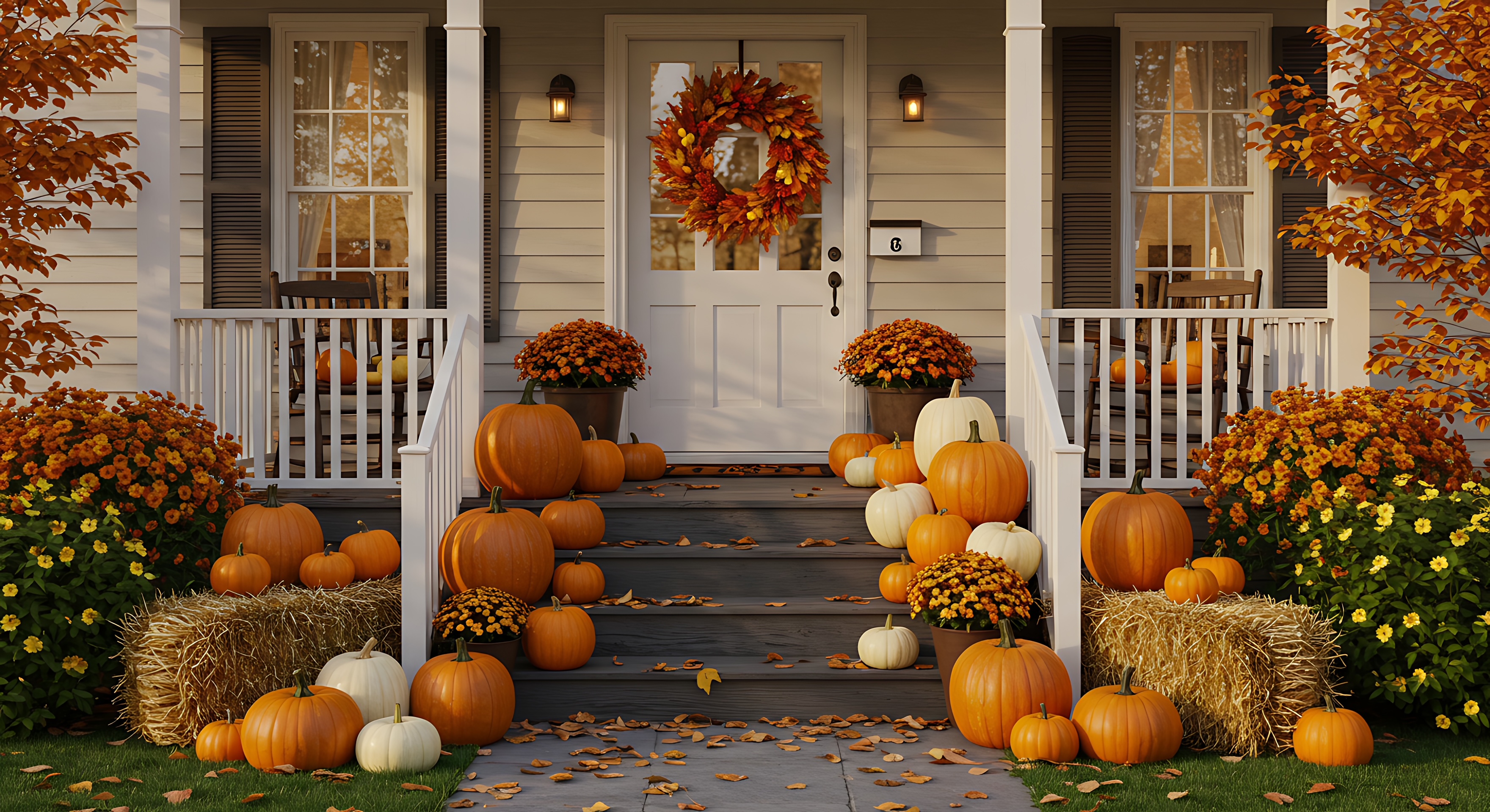 Classic porch pumpkin display with hay bales in Tampa Bay